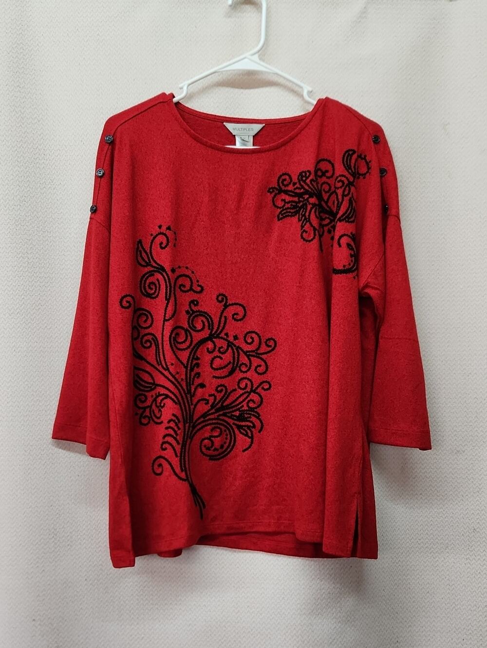Multiples Red Boatneck Tunic with Black Embroidery